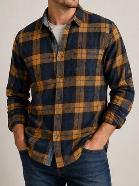 Mens Plaid Flannel Shirt Button Down Collared Shirt Blue Orange Size XL